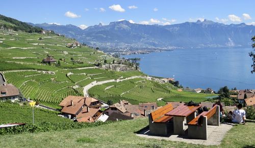 Scenic view of field and mountains against sky