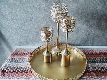 High angle view of wine glass on table