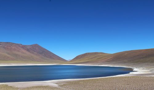 Scenic view of sea and mountains against clear blue sky