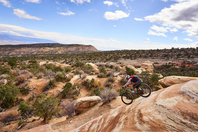 A man riding his mountain bike in the colorado desert.