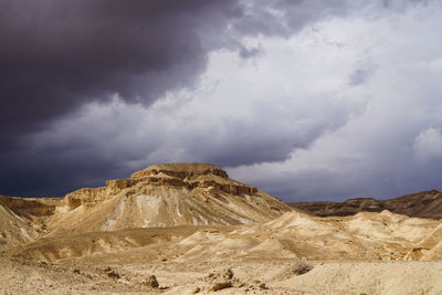 Scenic view of arid landscape against stormy sky