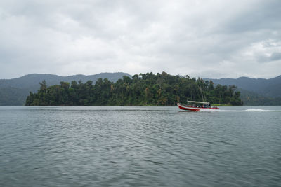 Boat moving on sea by trees against sky