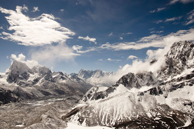 Scenic view of snow covered mountains against sky