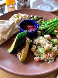 High angle view of breakfast served on table