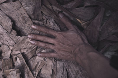 High angle view of person hand on bed