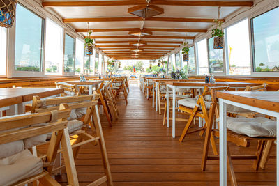 Empty chairs and tables in restaurant