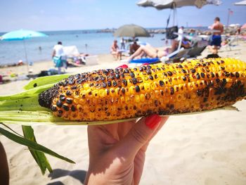 Close-up of woman holding grilled corn at beach