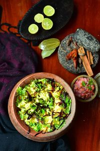 High angle view of vegetables in bowl on table