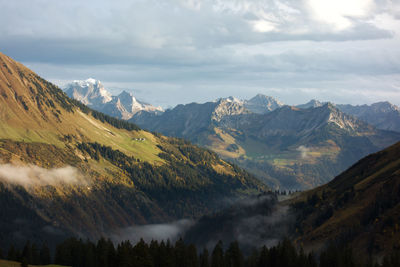 Scenic view of mountains against cloudy sky