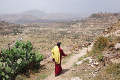 Rear view of man standing on landscape against mountains