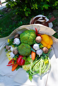 High angle view of vegetables in plate