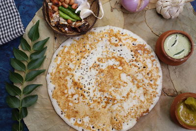 High angle view of food served on table