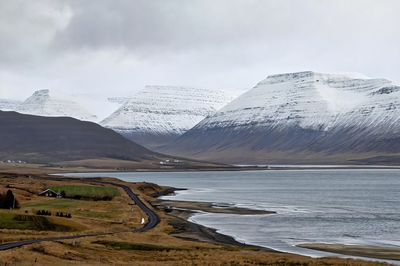 Scenic view of snowcapped mountains against sky