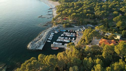 High angle view of trees and buildings by sea
