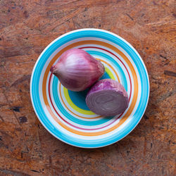 High angle view of coffee in bowl on table