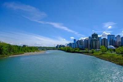 River passing through city against blue sky
