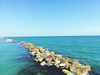 Scenic view of sea against clear blue sky