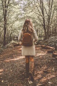 Rear view of woman standing on tree trunk