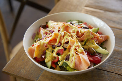 High angle view of salad in bowl on table