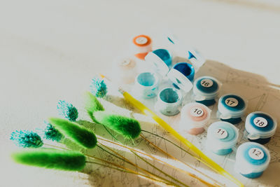 High angle view of pills on table