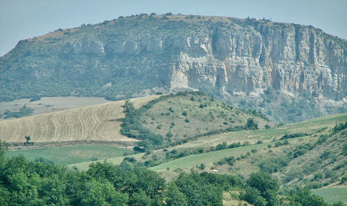 High angle view of trees on mountain against sky