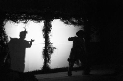 Silhouette man photographing woman standing by tree