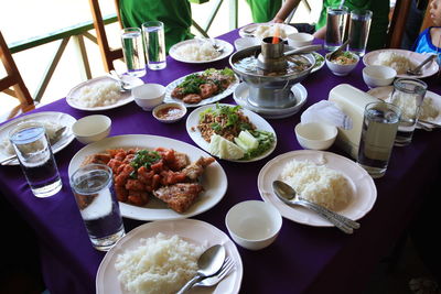 High angle view of food served on table