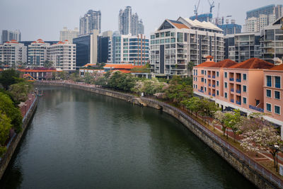 River by buildings in city