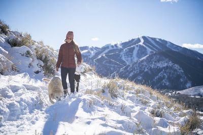 A woman walking with her dogs on a pretty winter morning.