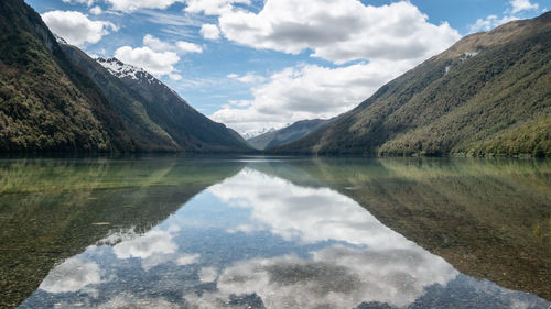 Beautiful still reflections on a lake. lake gunn, fiordland national park, new zealand