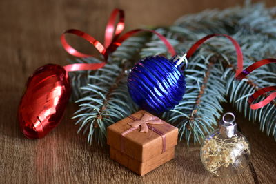 Close-up of christmas decorations on table