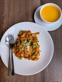 High angle view of breakfast served on table