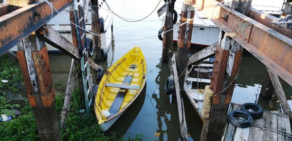 High angle view of abandoned boat moored on river