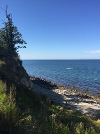 Scenic view of sea against clear blue sky