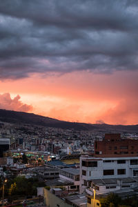 High angle view of townscape against sky during sunset