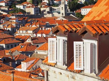 High angle view of houses in town