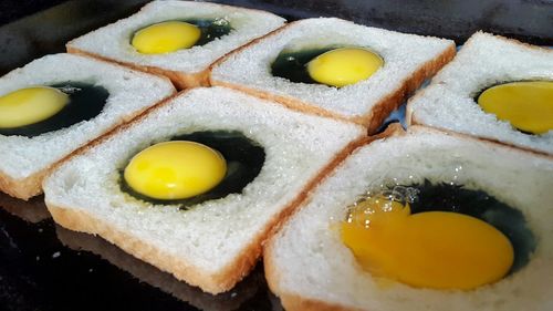 Close-up of eggs with breads in frying pan