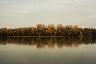 Scenic view of lake by trees against sky