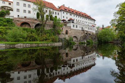 Buildings by lake against sky