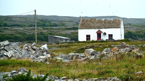 Houses on grassy field against clear sky