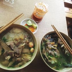 Close-up of soup served on table