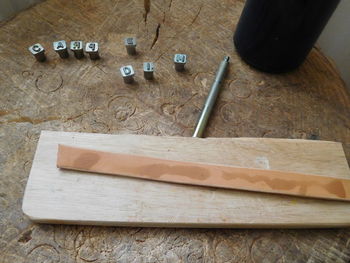 High angle view of wood on table