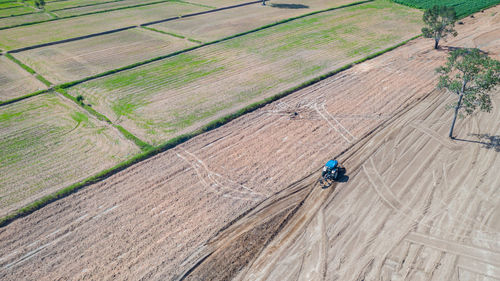 High angle view of motorcycle on field