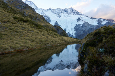 Scenic view of lake by mountains against sky