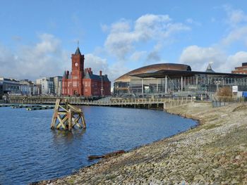 View of  senedd and pier head buildings with millenium centre in background,  cardiff , wales, uk