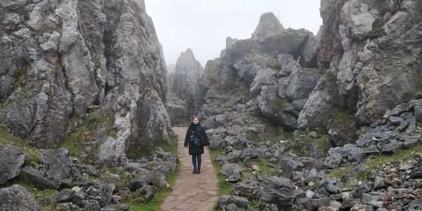 Rear view of man standing on rocks