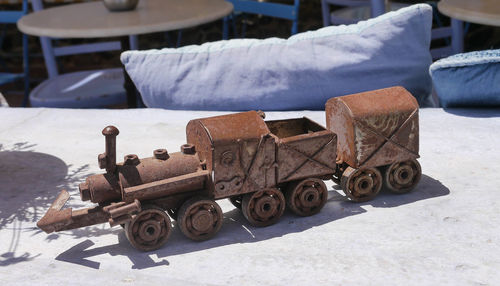 Close-up of rusty metal toy train