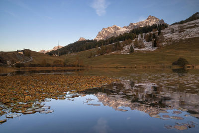 Scenic view of lake and mountains against sky
