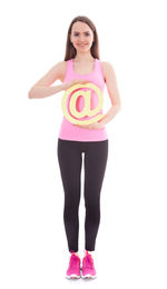 Young woman standing against white background