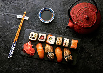 High angle view of food on table